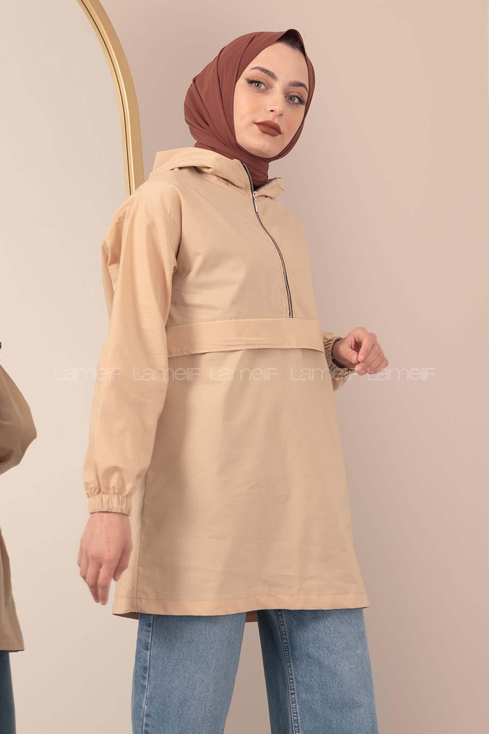 Modalamelif Kanguru Cep Yarım Fermuarlı Tunik Bej