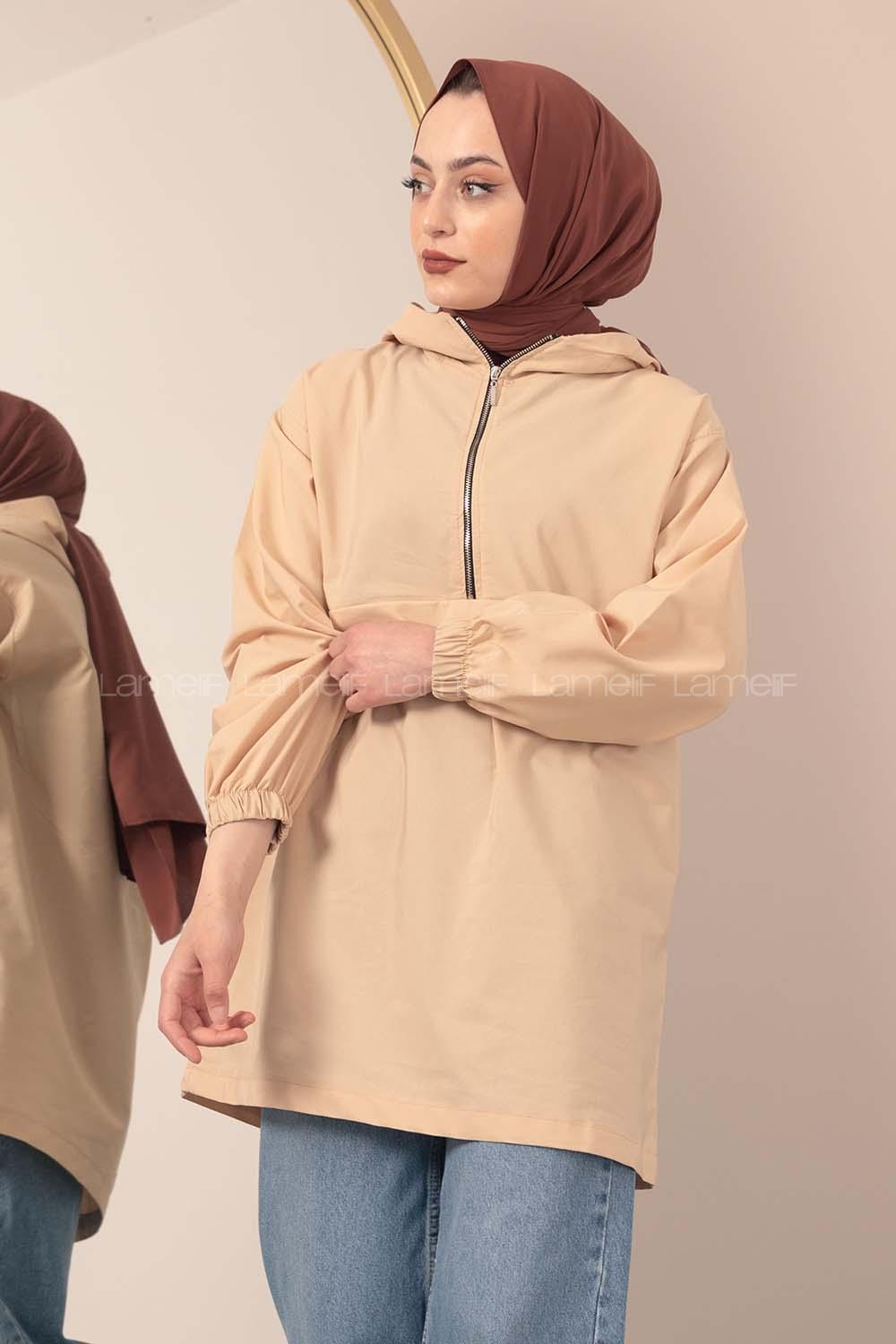 Modalamelif Kanguru Cep Yarım Fermuarlı Tunik Bej