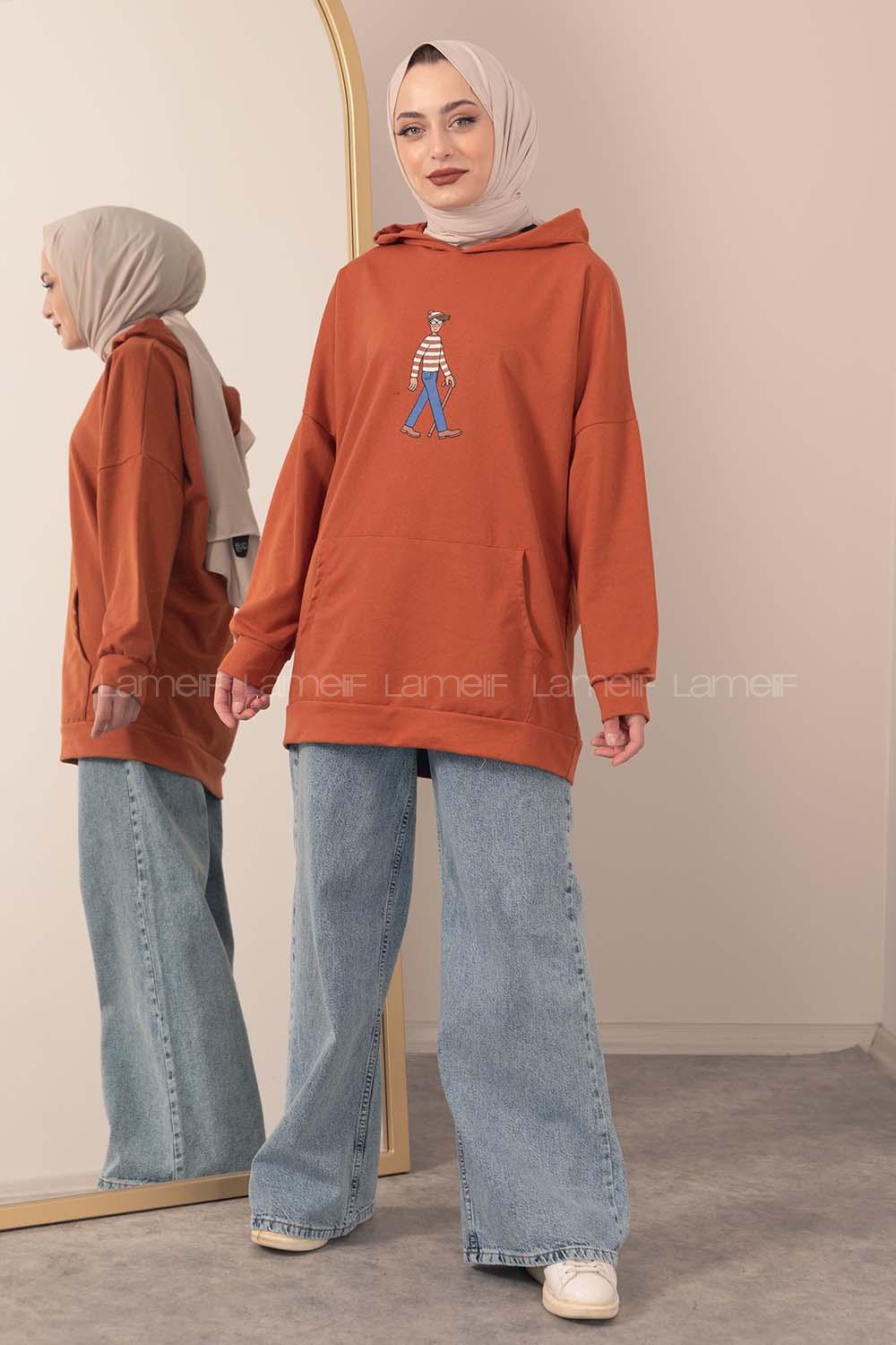 Modalamelif Kapşonlu Karikatür Baskılı Sweatshirt Taba