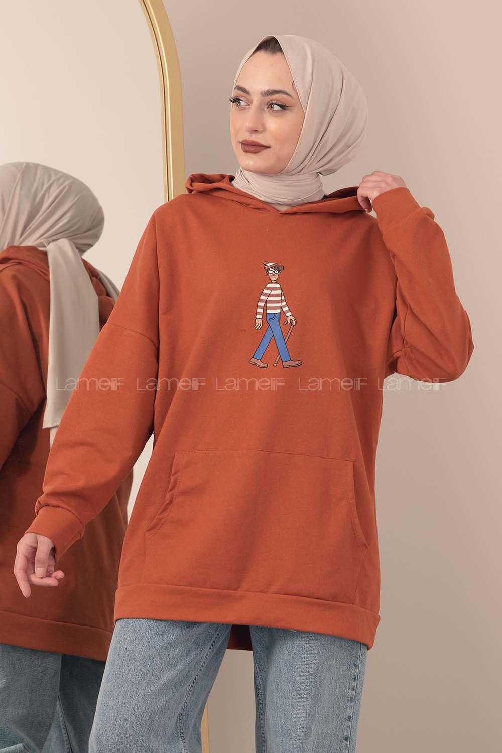 Modalamelif Kapşonlu Karikatür Baskılı Sweatshirt Taba