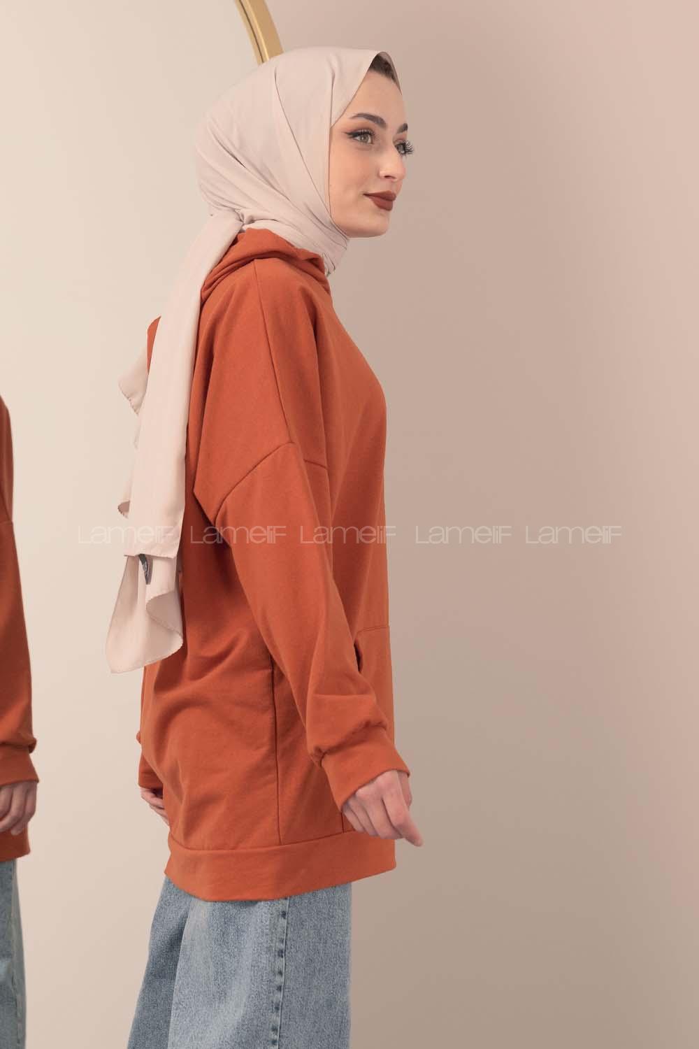 Modalamelif Kapşonlu Karikatür Baskılı Sweatshirt Taba