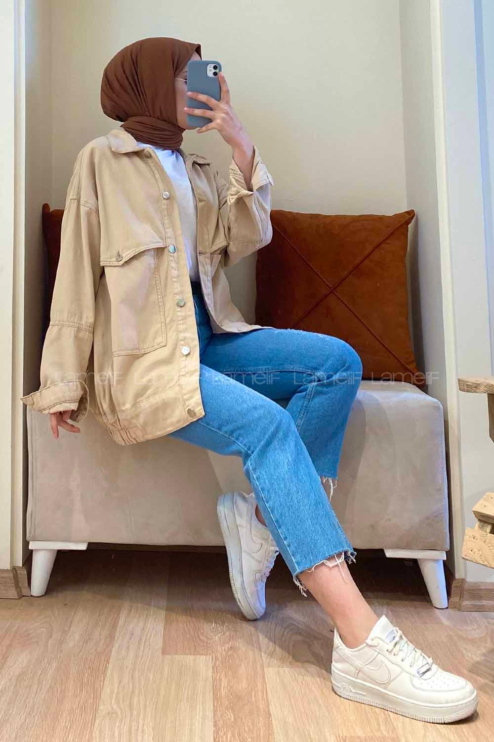 Modalamelif Metal Düğmeli Bel Lastikli Ceket Bej