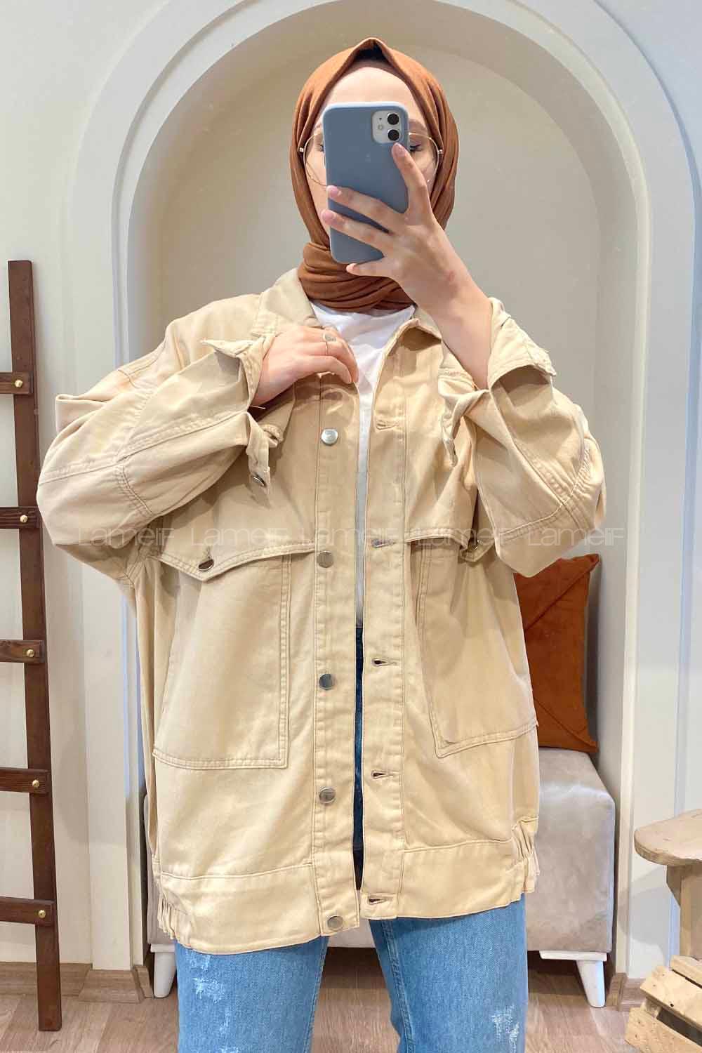 Modalamelif Metal Düğmeli Bel Lastikli Ceket Bej