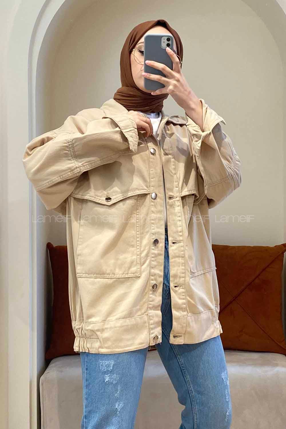 Modalamelif Metal Düğmeli Bel Lastikli Ceket Bej