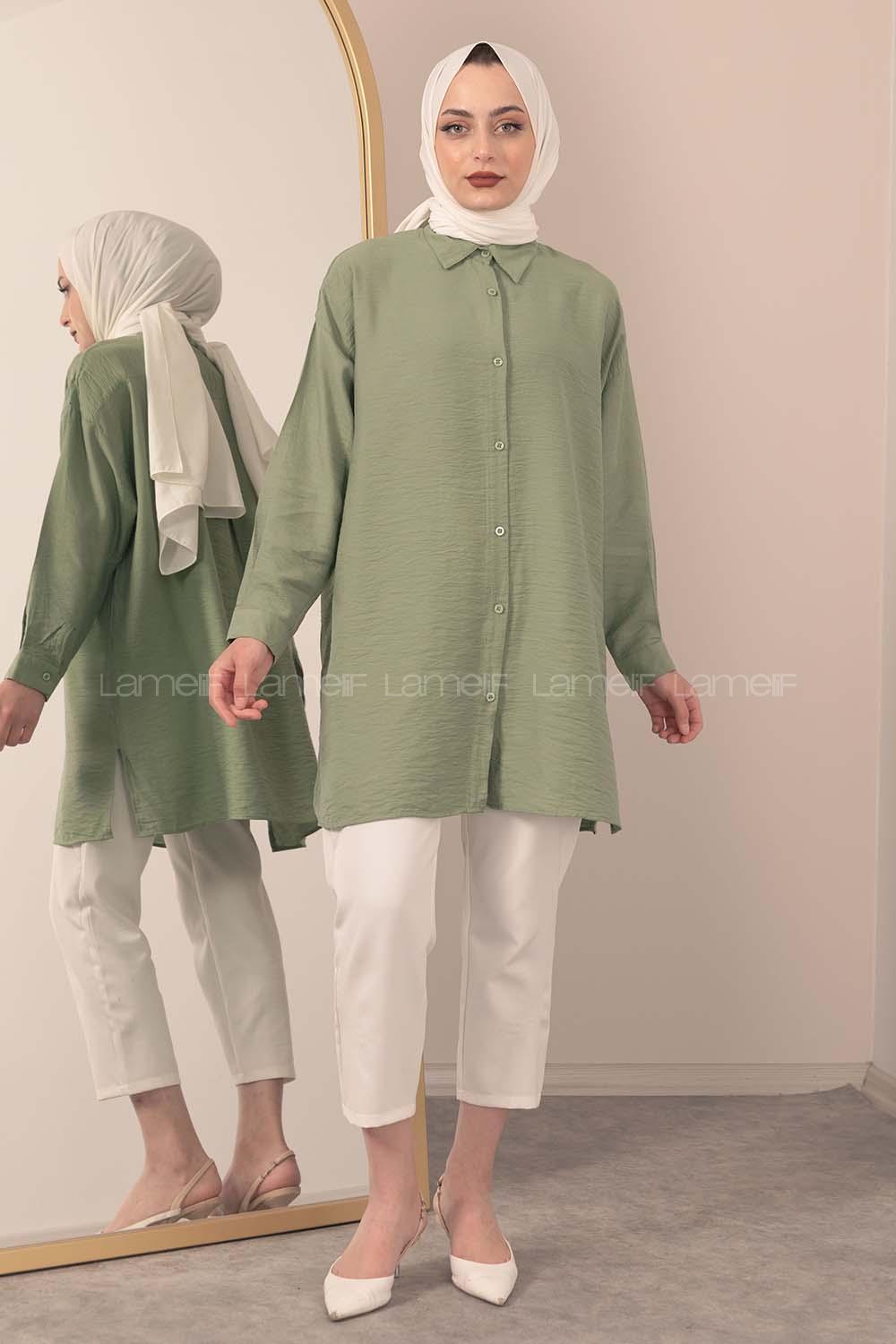 Modalamelif Önü Boydan Düğmeli Gömlek Çağla Yeşili