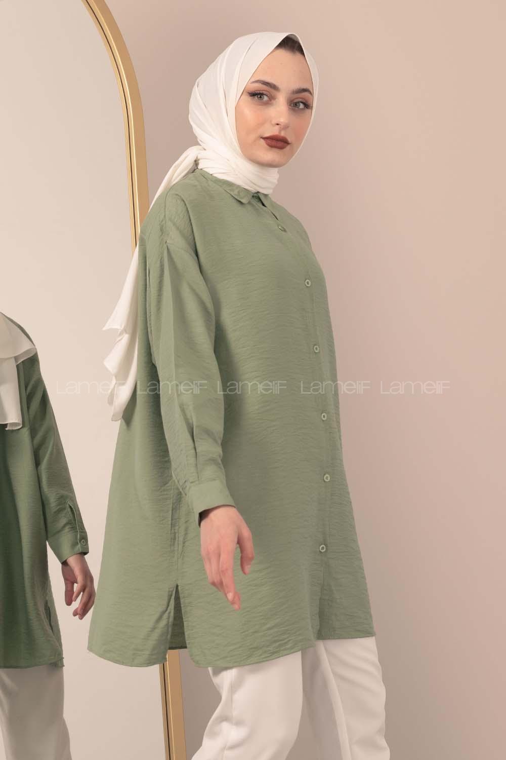 Modalamelif Önü Boydan Düğmeli Gömlek Çağla Yeşili