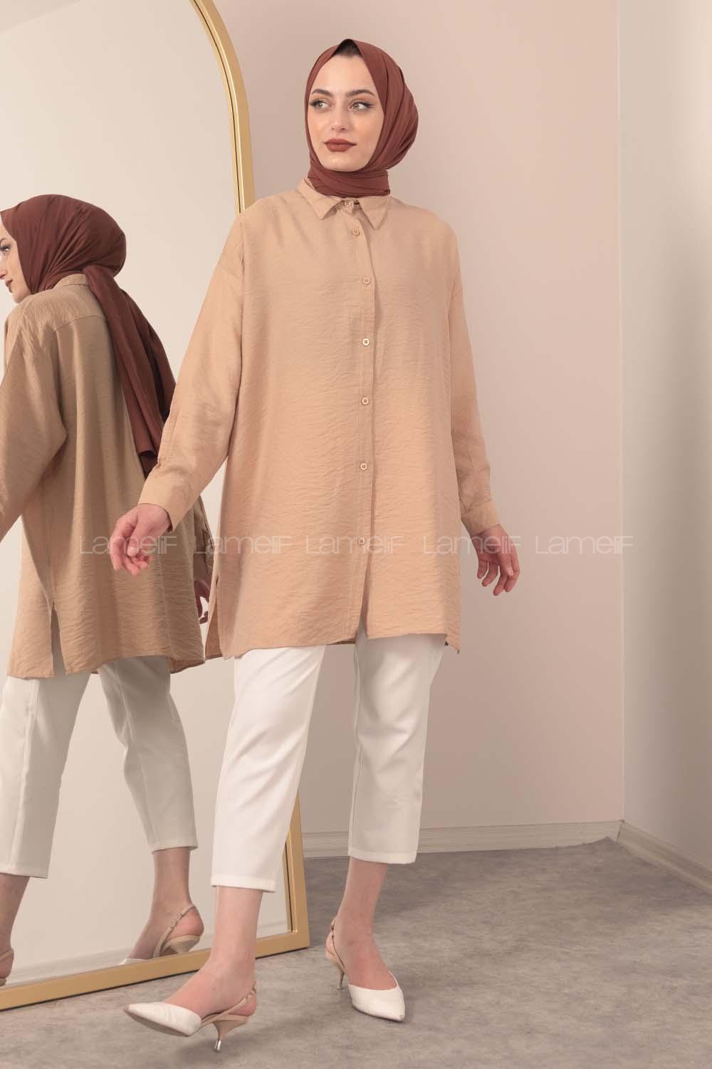 Modalamelif Önü Boydan Düğmeli Gömlek Camel