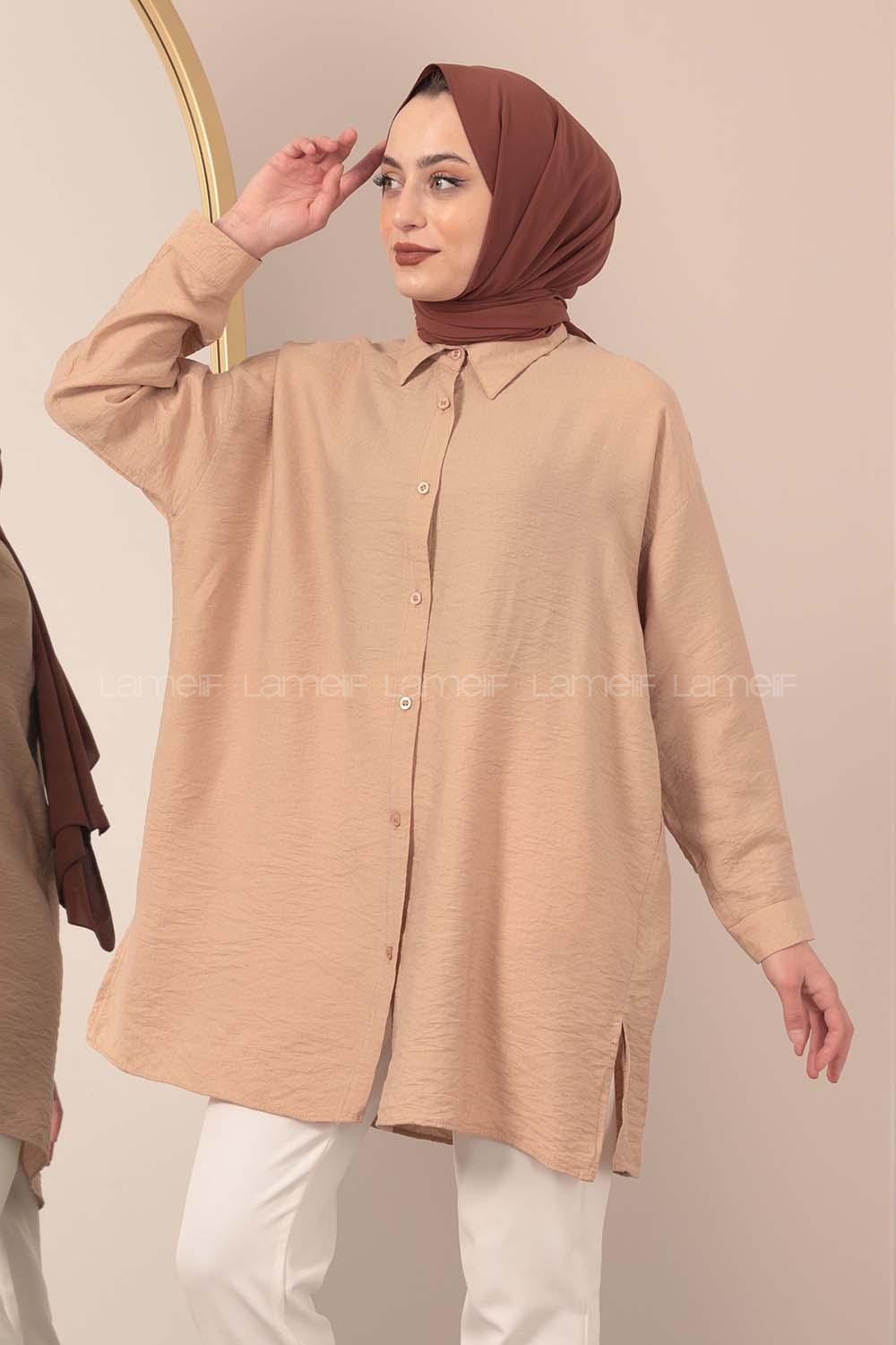 Modalamelif Önü Boydan Düğmeli Gömlek Camel