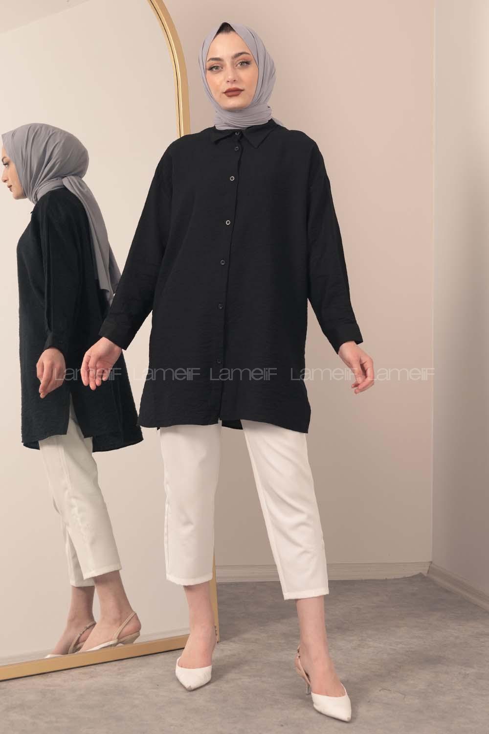 Modalamelif Önü Boydan Düğmeli Gömlek Siyah