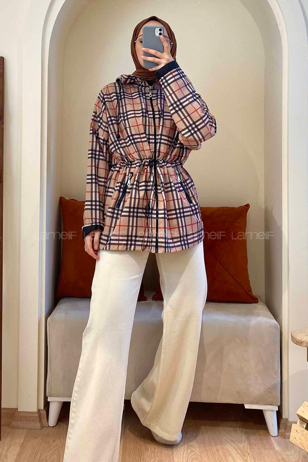 Modalamelif Önü Fermuarlı Ekose Mont Bej