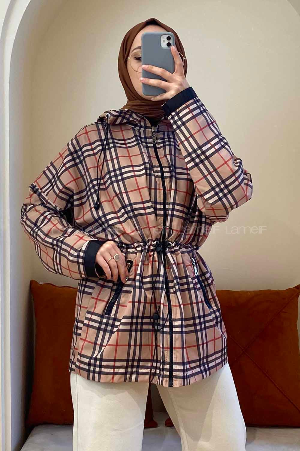 Modalamelif Önü Fermuarlı Ekose Mont Bej