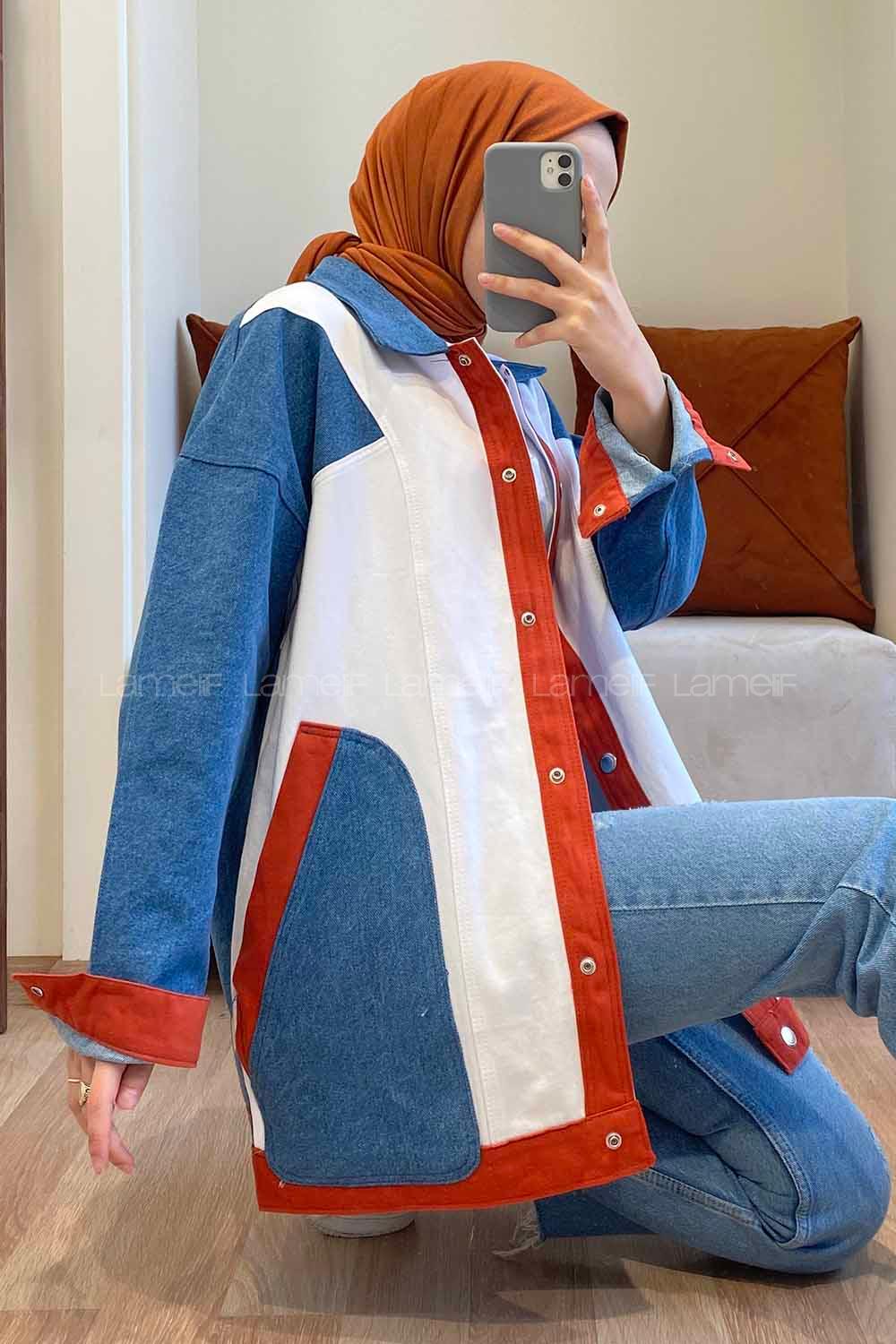 Modalamelif Yan Cepli Renk Garnili Kot Ceket Kot Mavisi