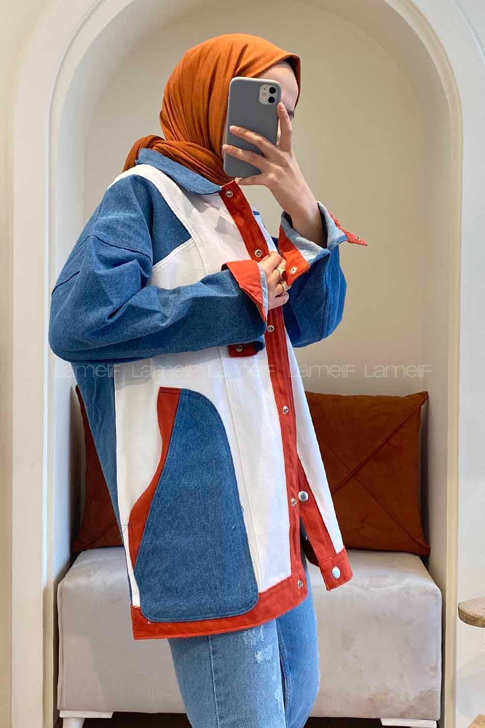 Modalamelif Yan Cepli Renk Garnili Kot Ceket Kot Mavisi