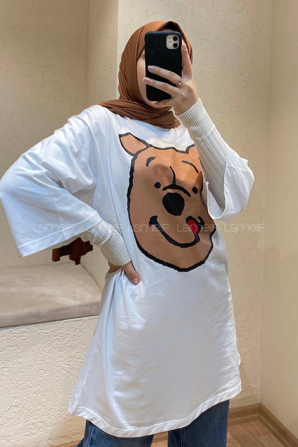 Modalamelif Bear Baskılı Oversize T-Shirt Beyaz