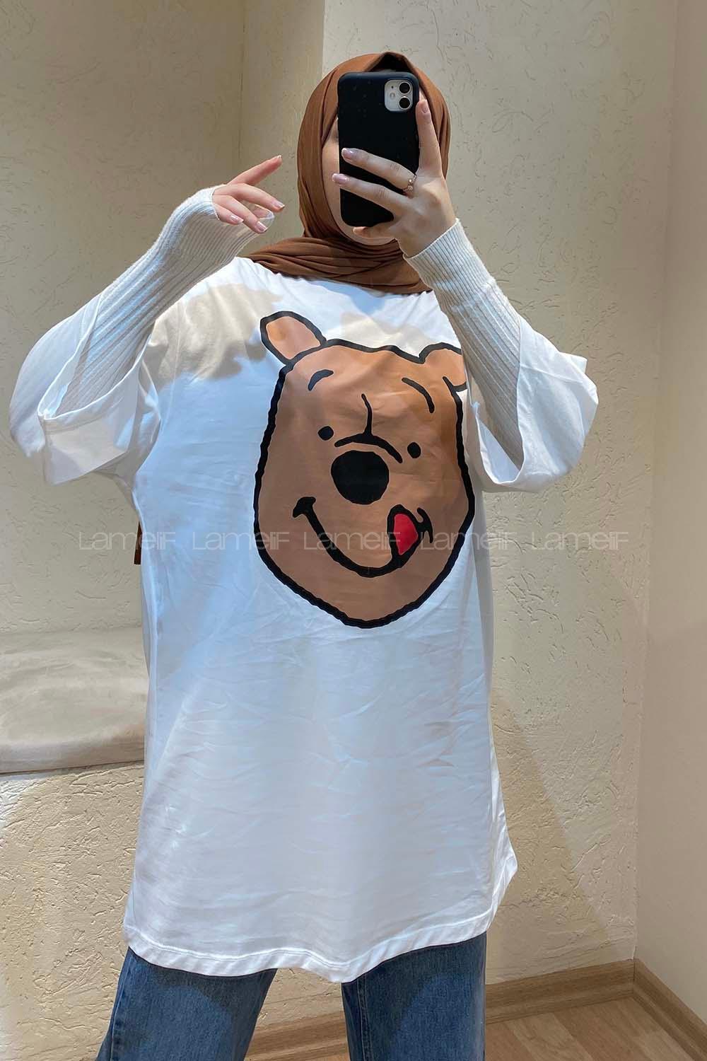 Modalamelif Bear Baskılı Oversize T-Shirt Beyaz