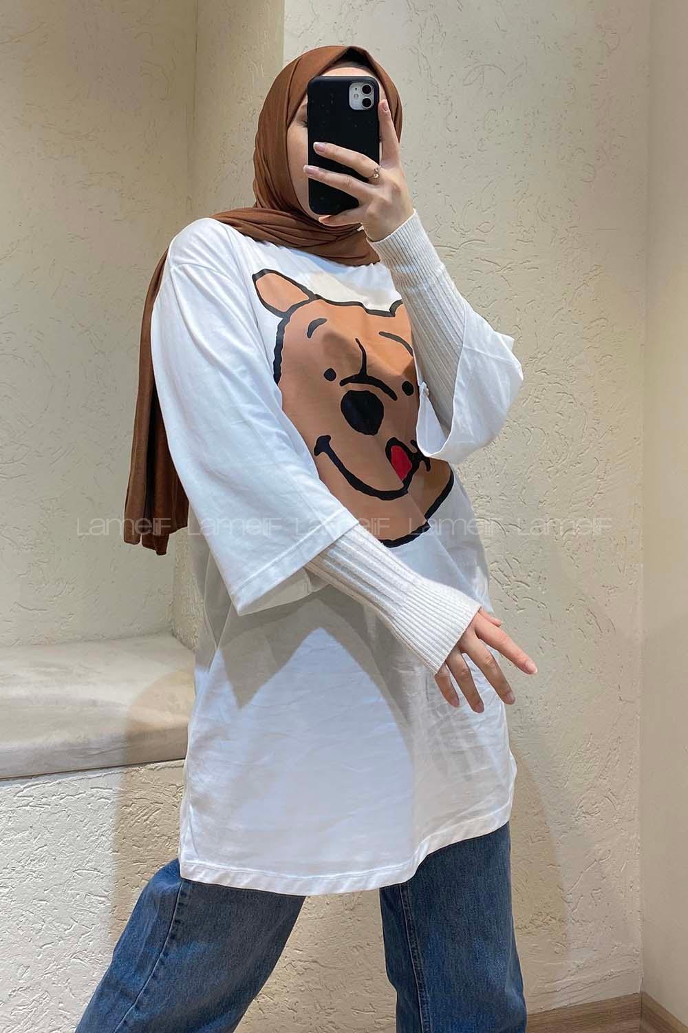 Modalamelif Bear Baskılı Oversize T-Shirt Beyaz