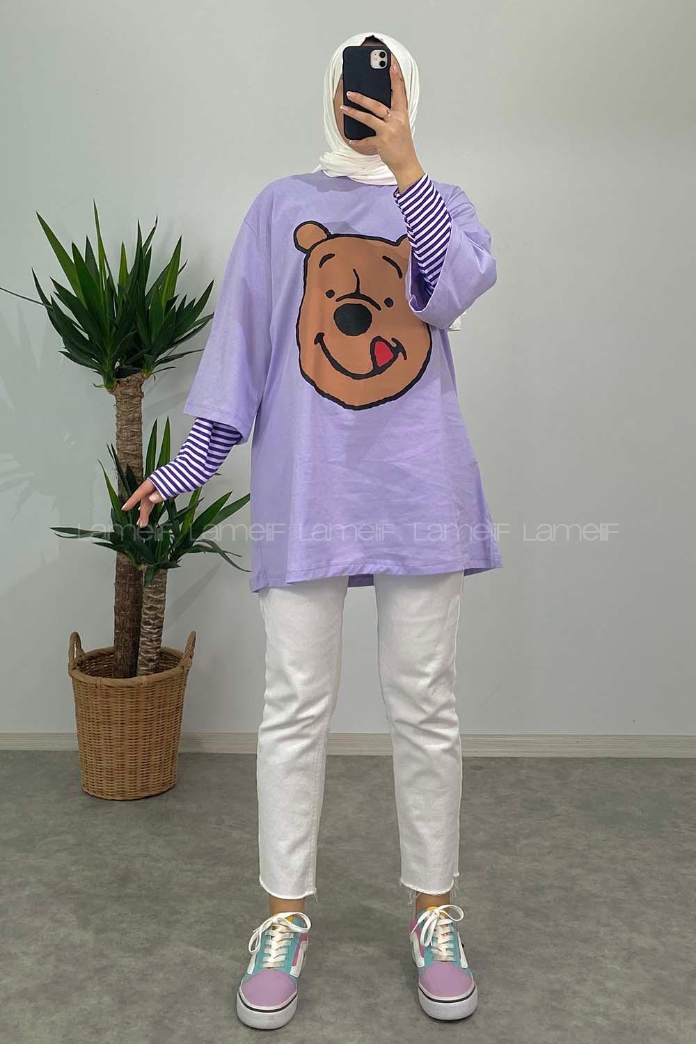 Modalamelif Bear Baskılı Oversize T-Shirt Lila