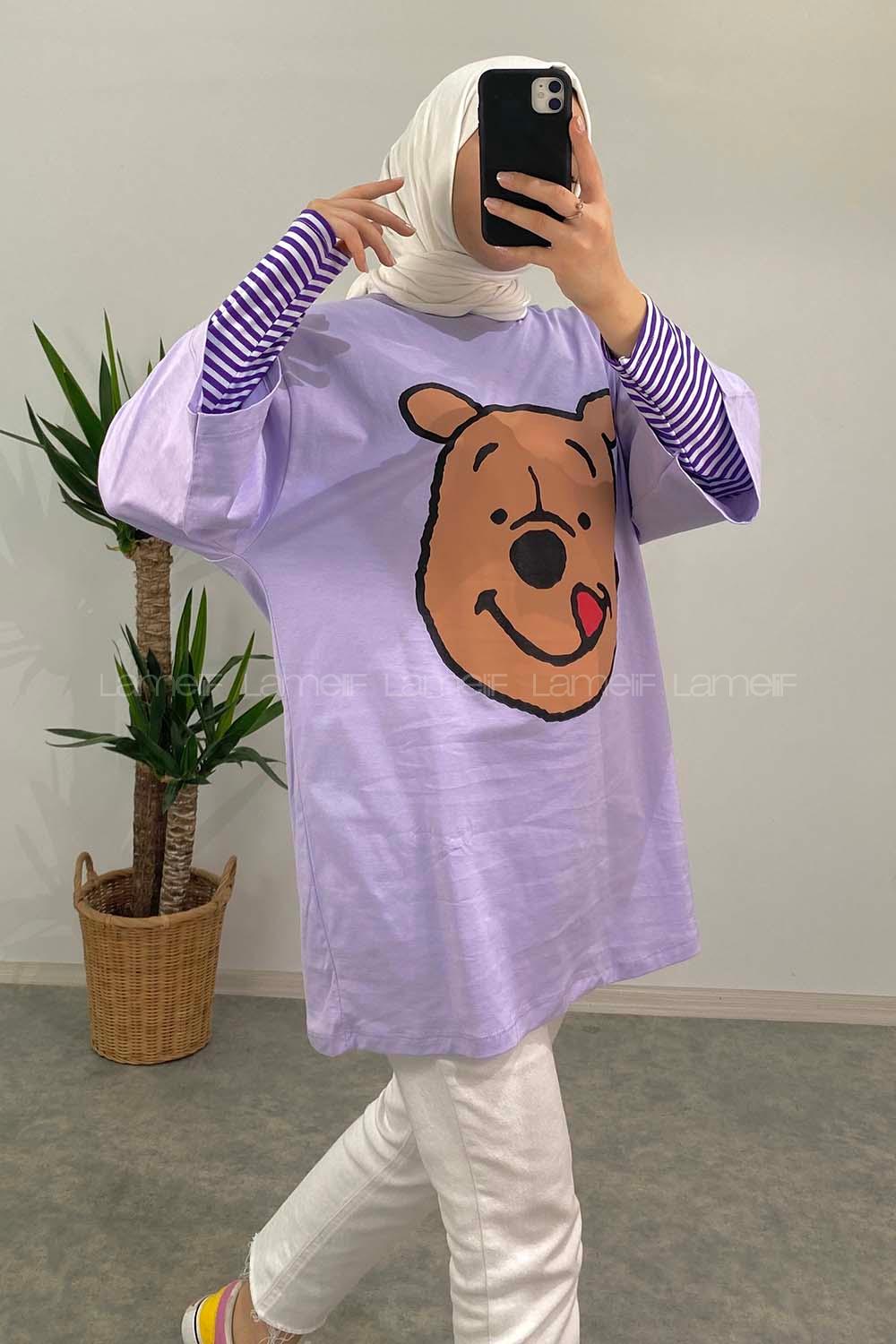 Modalamelif Bear Baskılı Oversize T-Shirt Lila