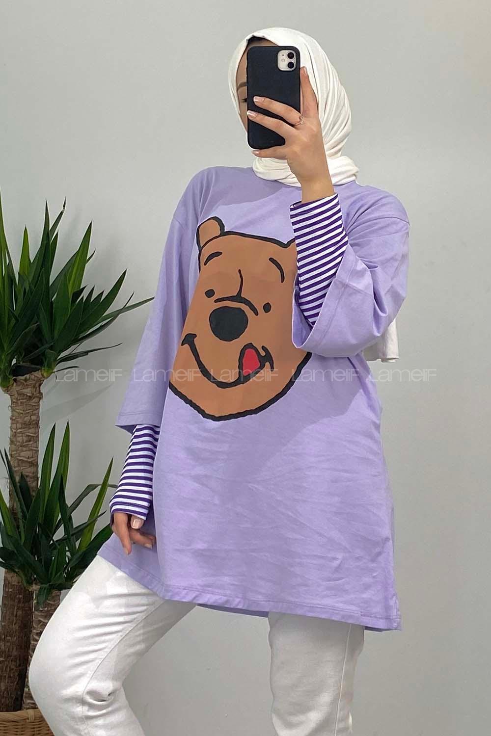Modalamelif Bear Baskılı Oversize T-Shirt Lila