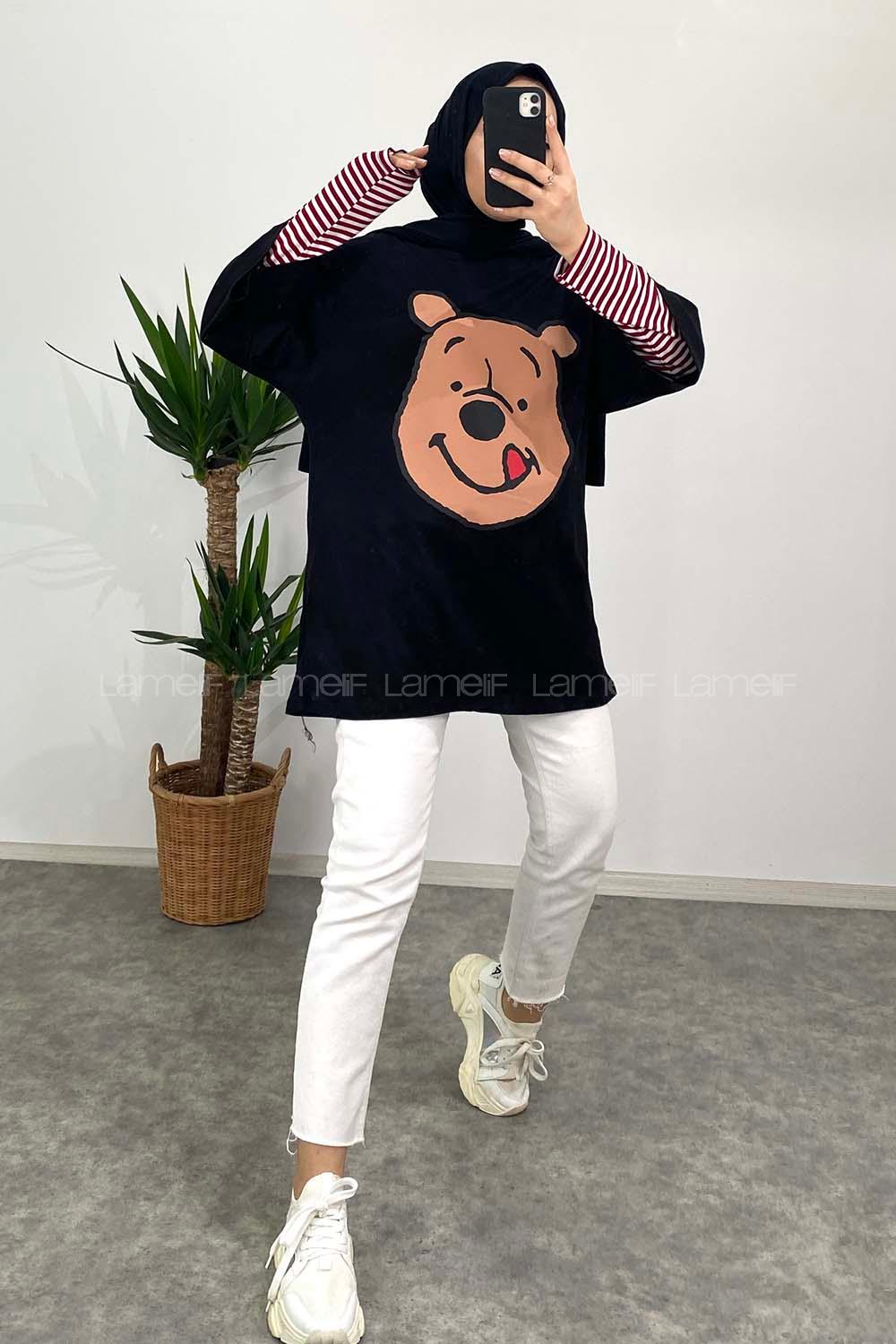 Modalamelif Bear Baskılı Oversize T-Shirt Siyah