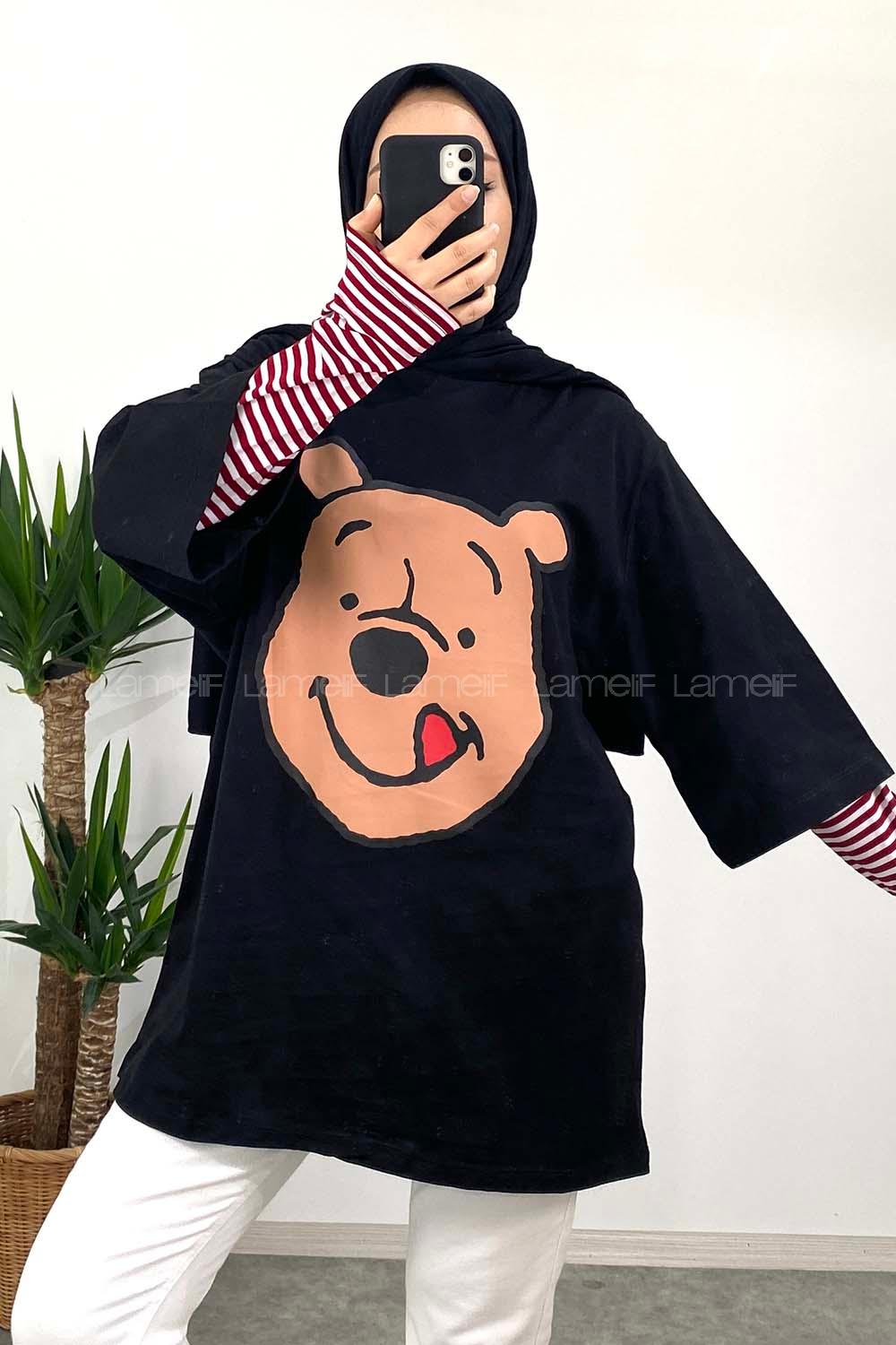 Modalamelif Bear Baskılı Oversize T-Shirt Siyah