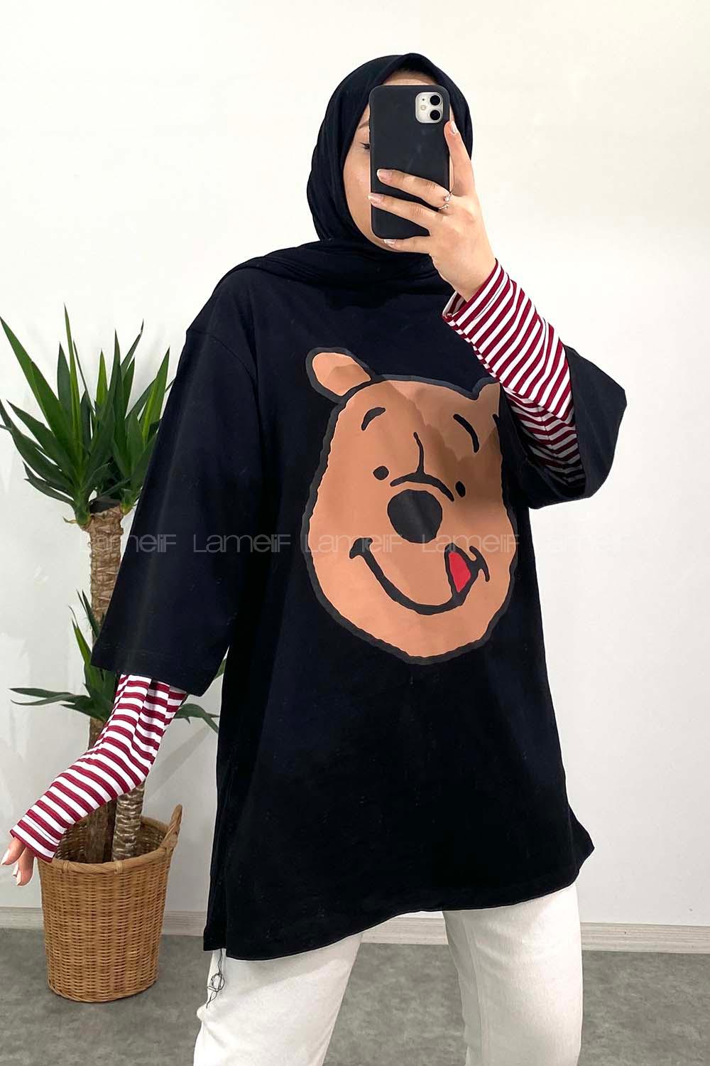 Modalamelif Bear Baskılı Oversize T-Shirt Siyah