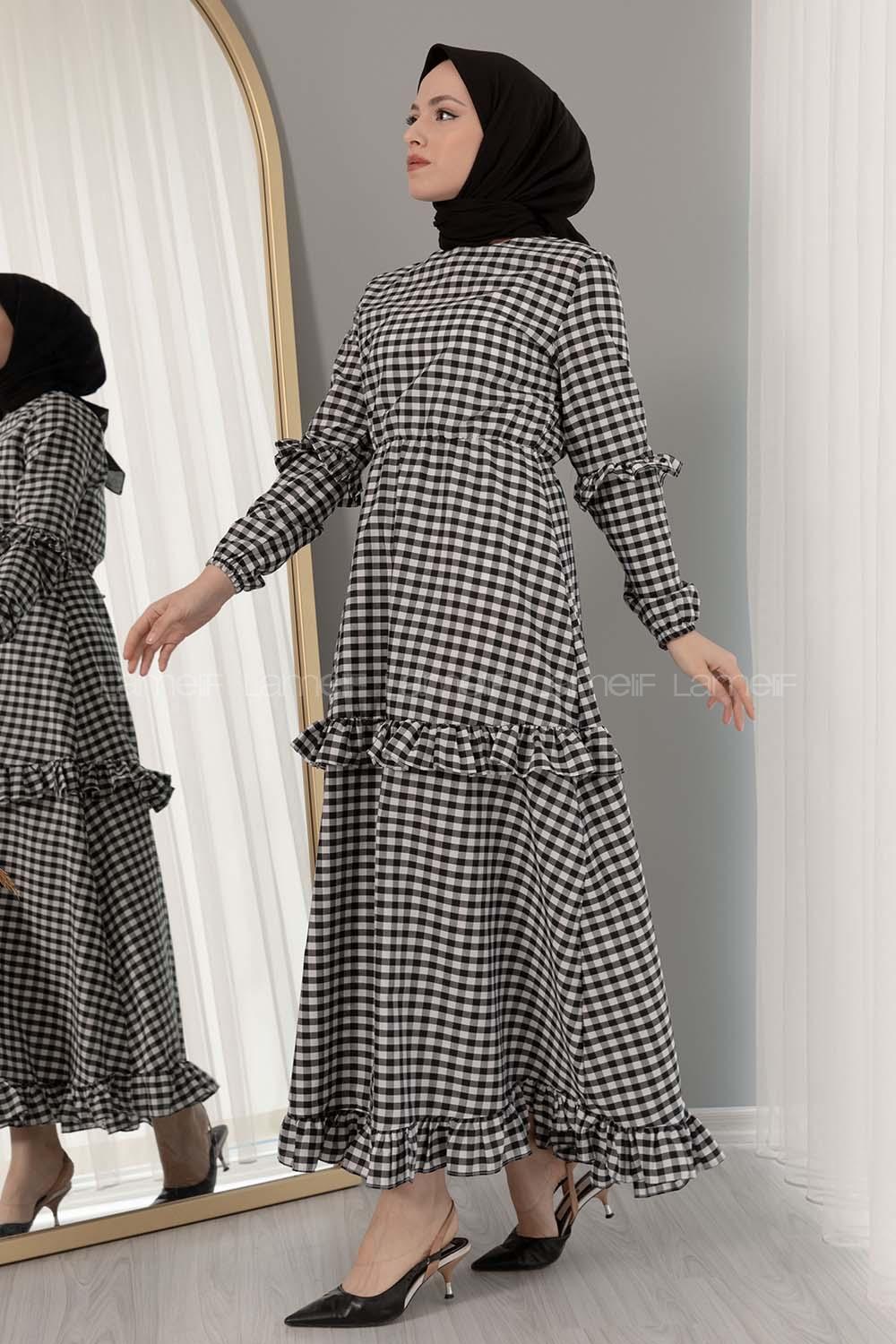 Modalamelif  Bel Lastikli Ekose Elbise Siyah