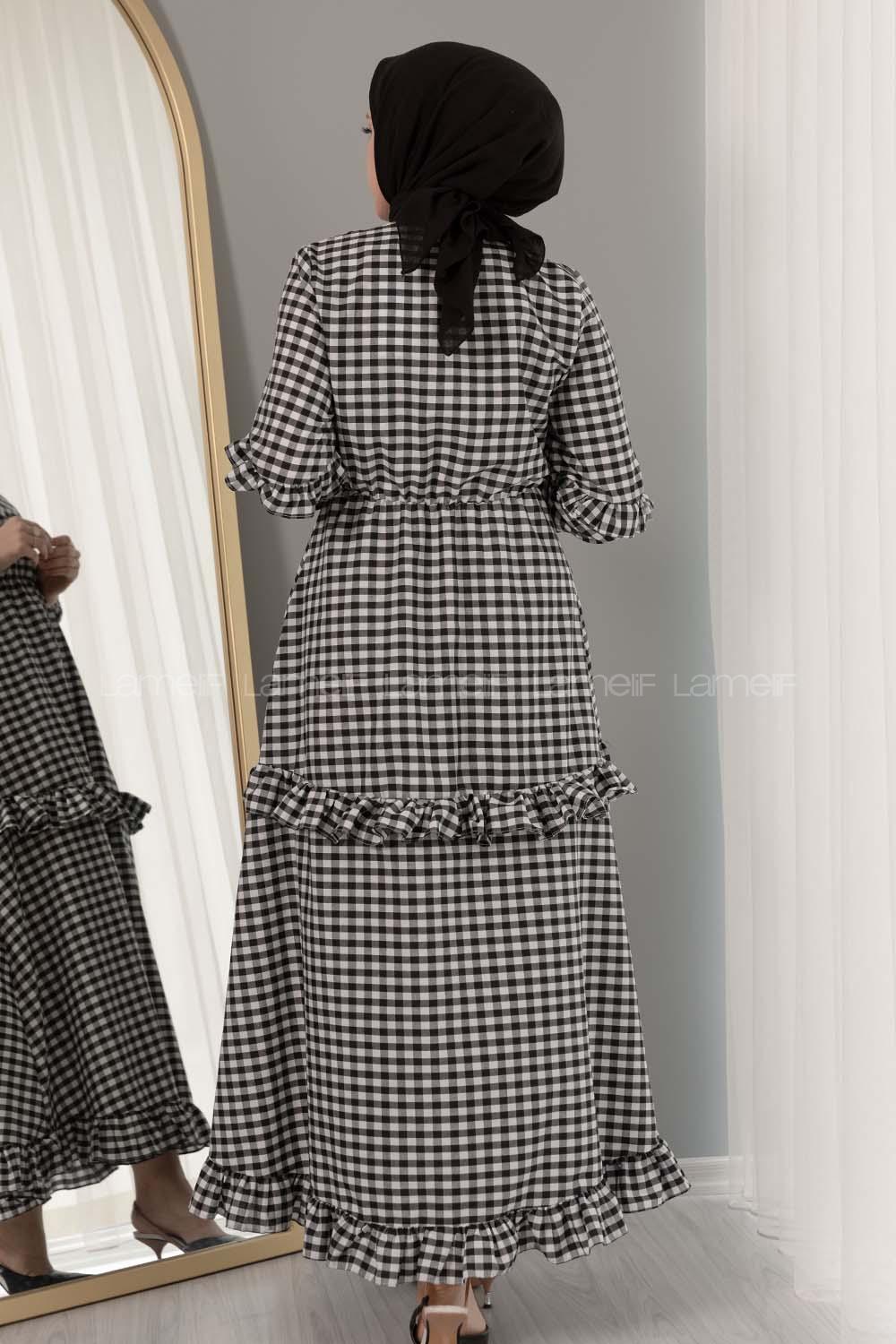 Modalamelif  Bel Lastikli Ekose Elbise Siyah