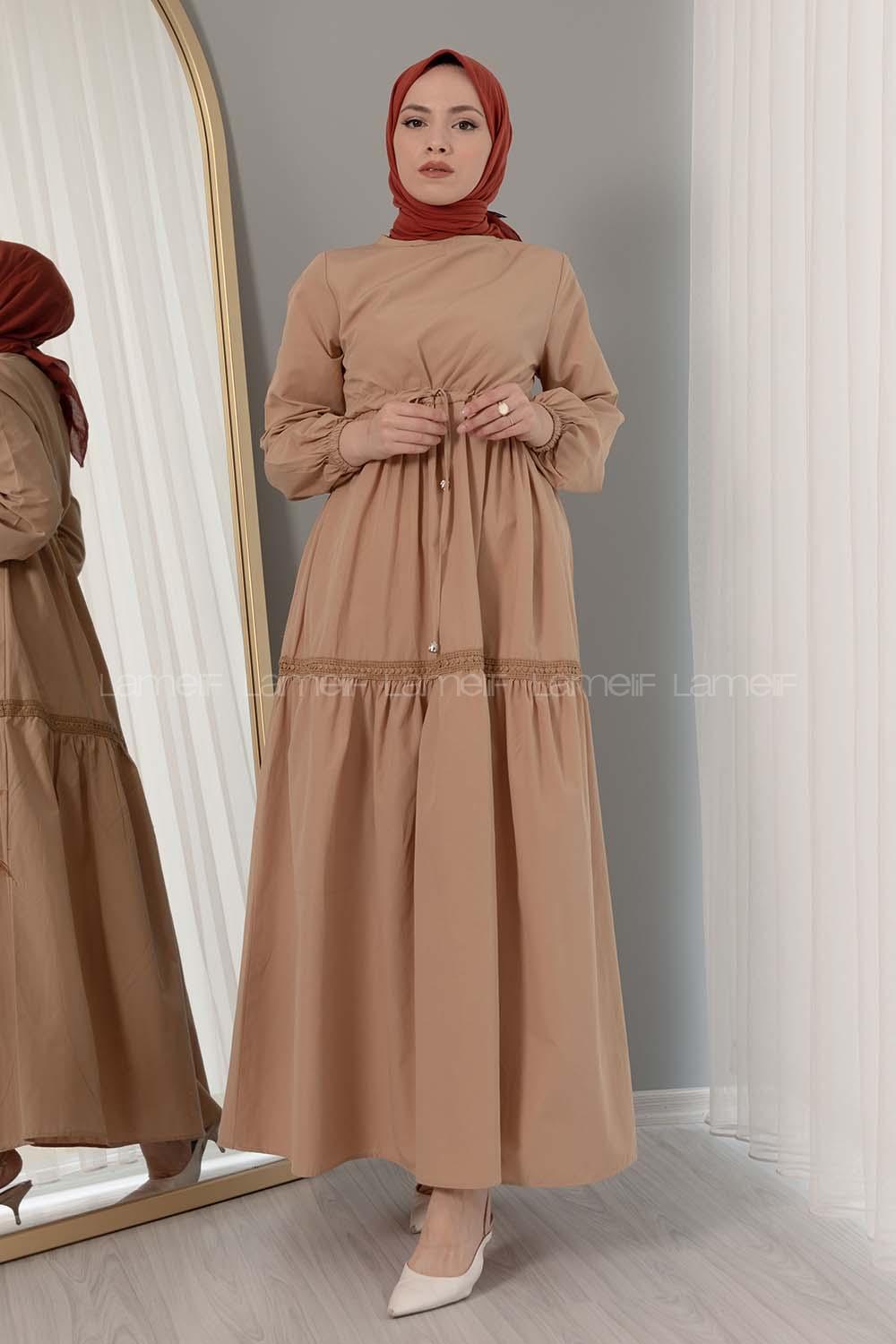 Modalamelif Beli Bağcıklı Fırfırlı Elbise Camel