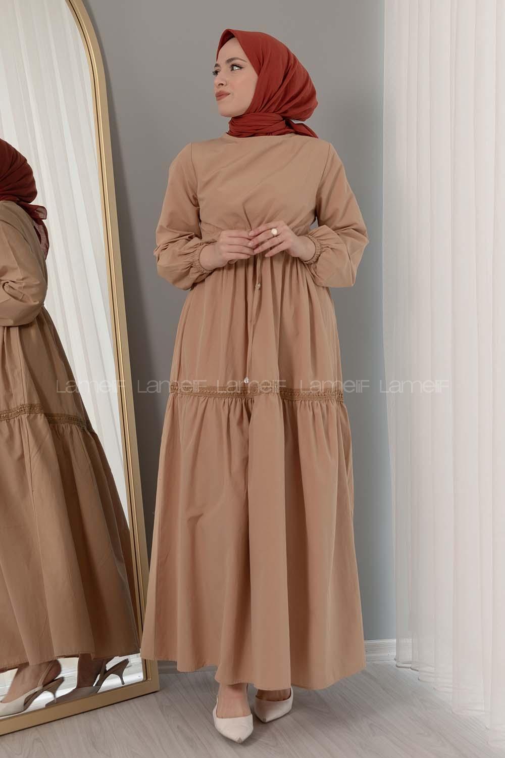 Modalamelif Beli Bağcıklı Fırfırlı Elbise Camel