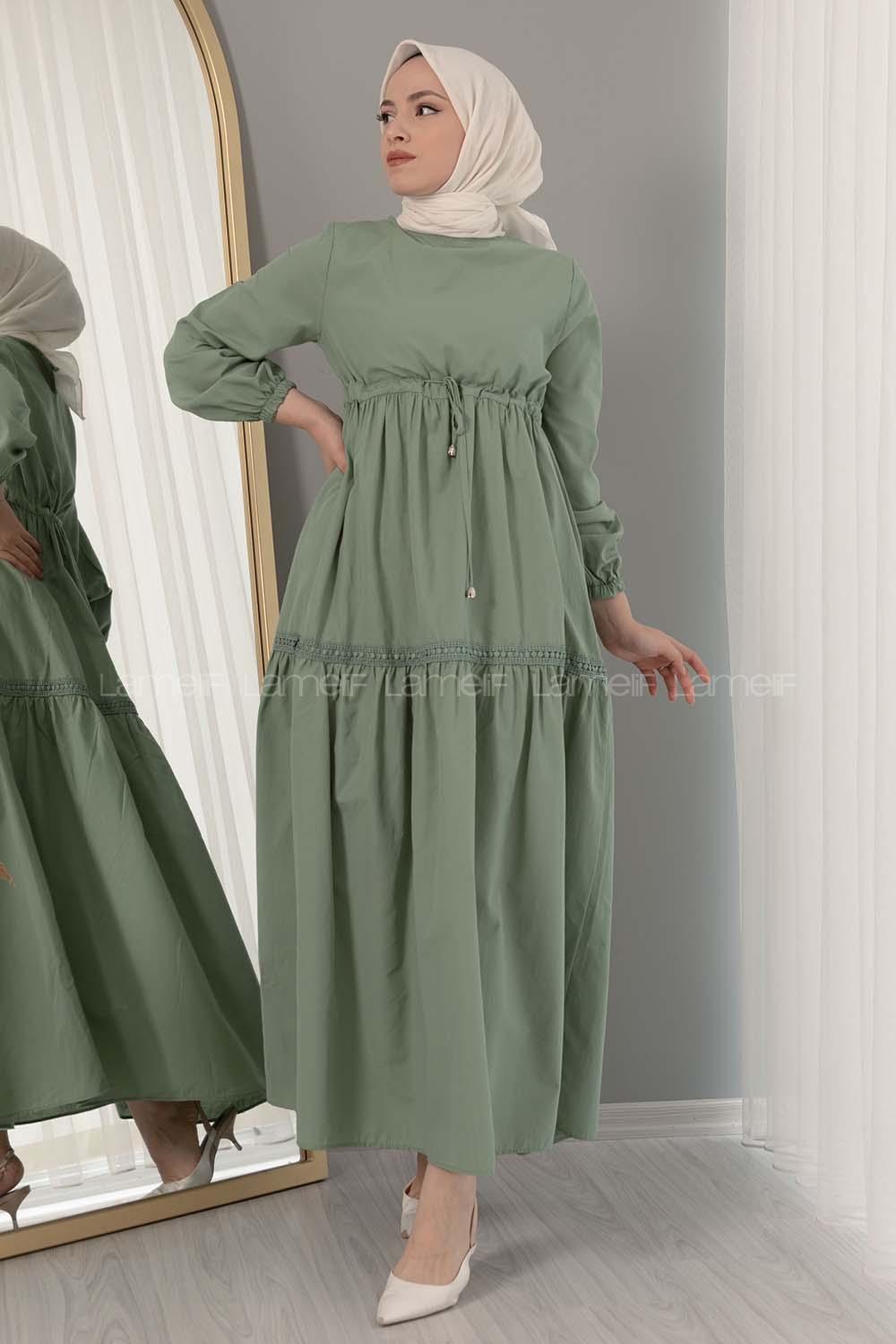 Modalamelif Beli Bağcıklı Fırfırlı Elbise Pastel Yeşili