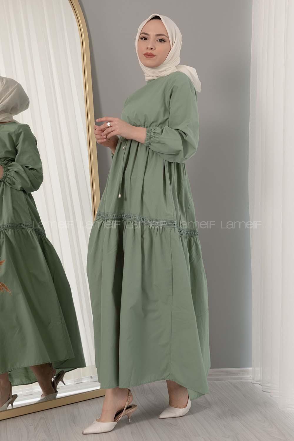 Modalamelif Beli Bağcıklı Fırfırlı Elbise Pastel Yeşili