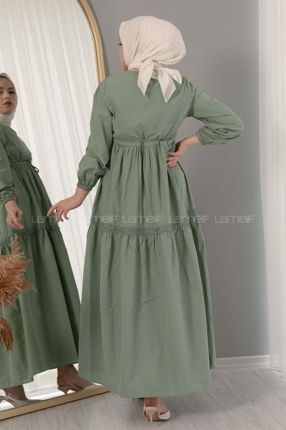 Modalamelif Beli Bağcıklı Fırfırlı Elbise Pastel Yeşili