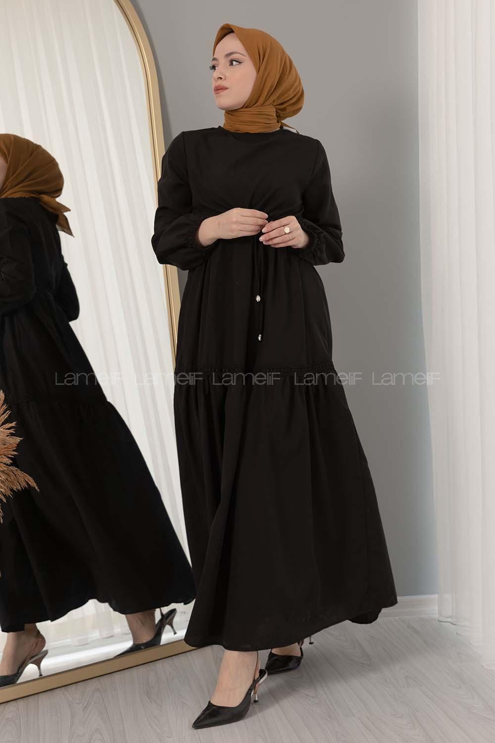 Modalamelif Beli Bağcıklı Fırfırlı Elbise Siyah