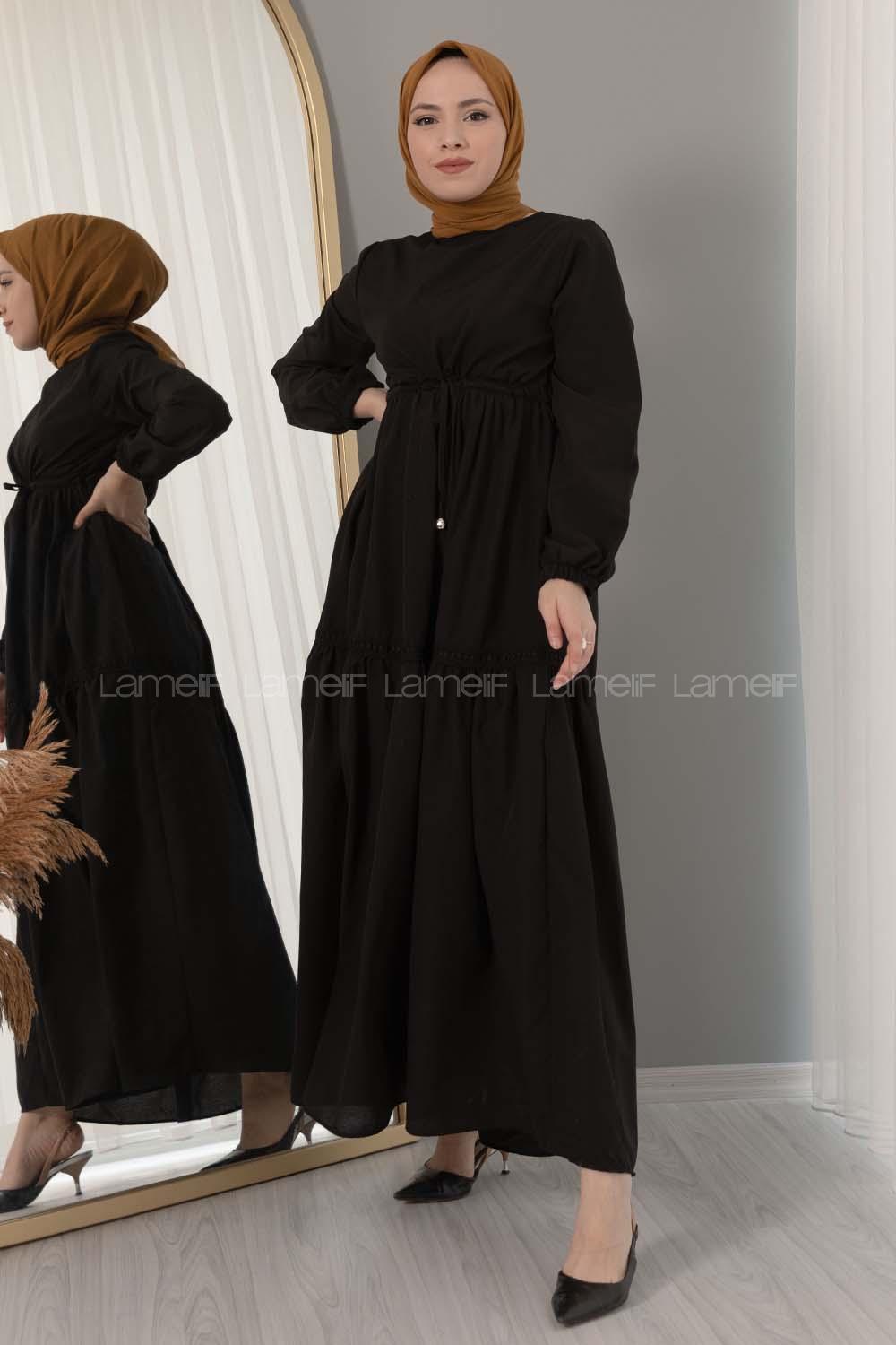 Modalamelif Beli Bağcıklı Fırfırlı Elbise Siyah