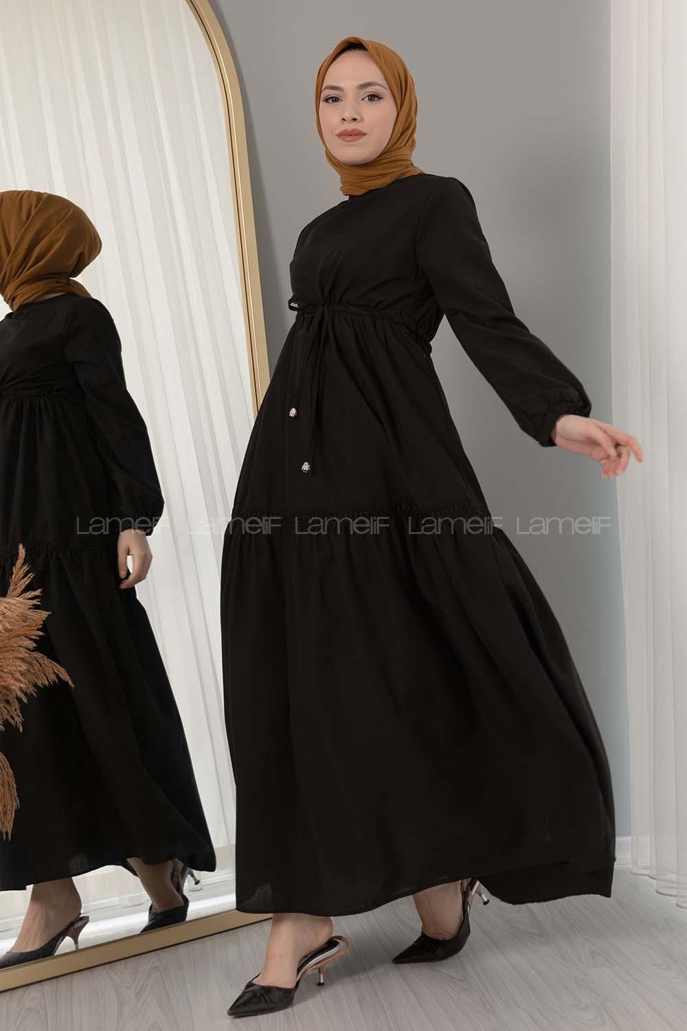 Modalamelif Beli Bağcıklı Fırfırlı Elbise Siyah