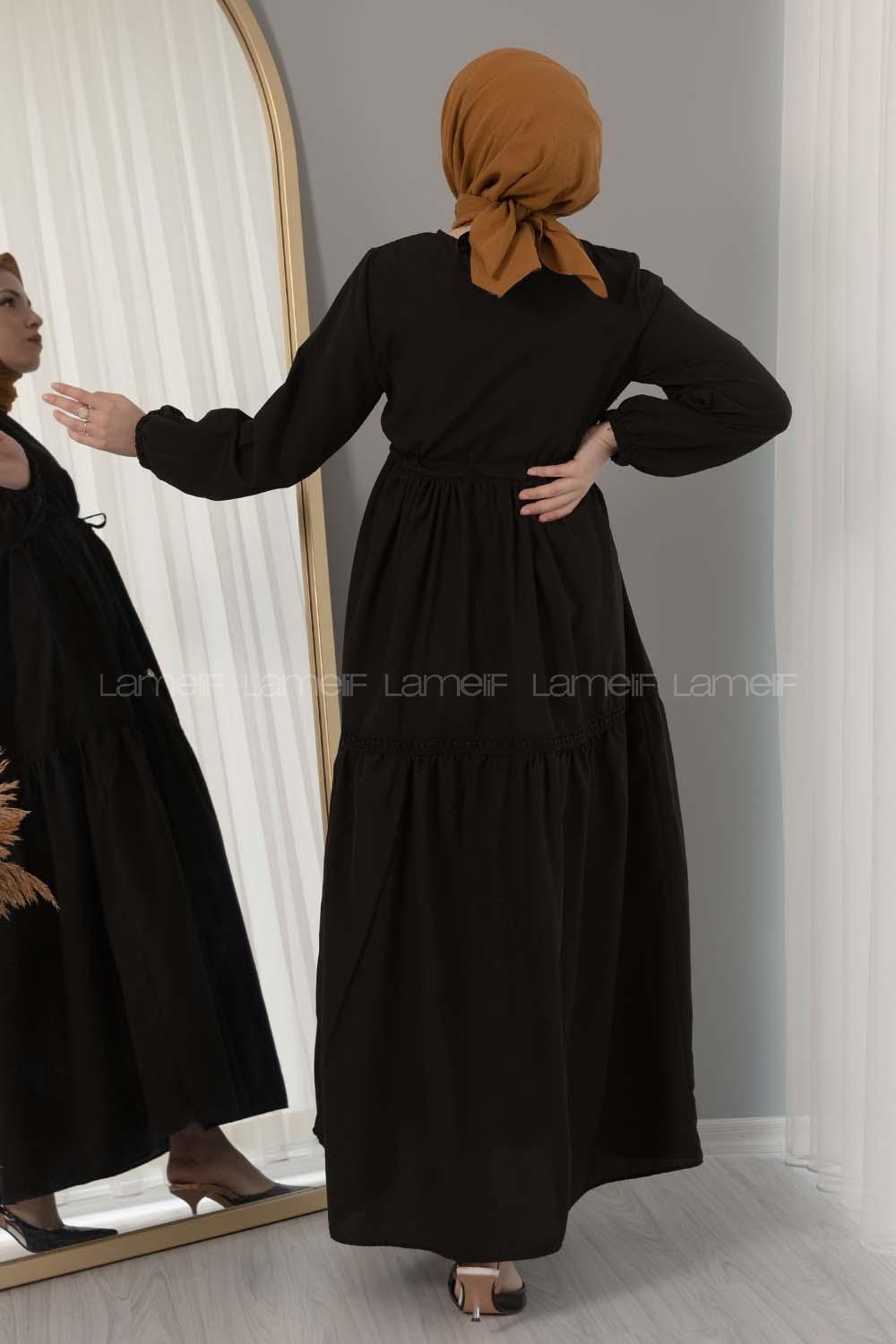 Modalamelif Beli Bağcıklı Fırfırlı Elbise Siyah