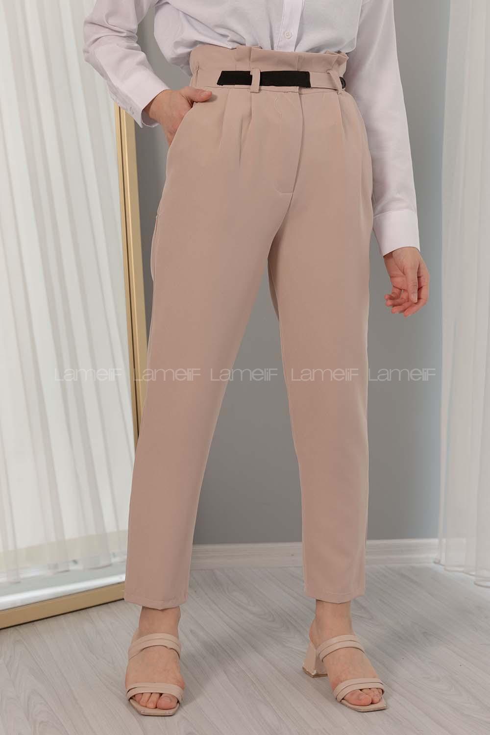 Modalamelif Beli Fırfırlı Lastikli Pantolon Taş