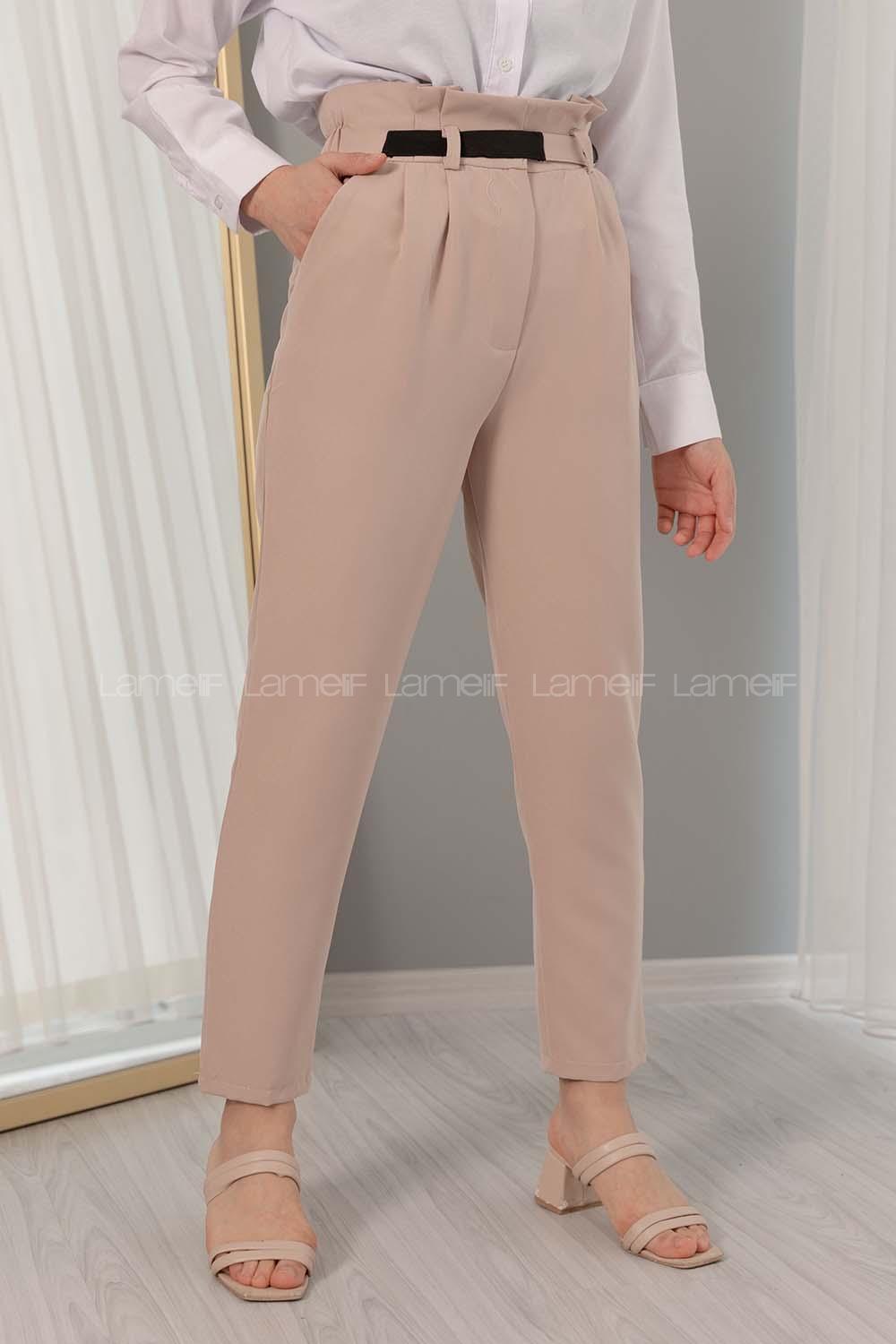 Modalamelif Beli Fırfırlı Lastikli Pantolon Taş