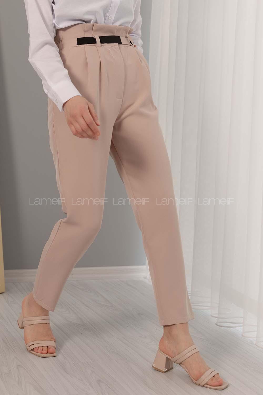 Modalamelif Beli Fırfırlı Lastikli Pantolon Taş