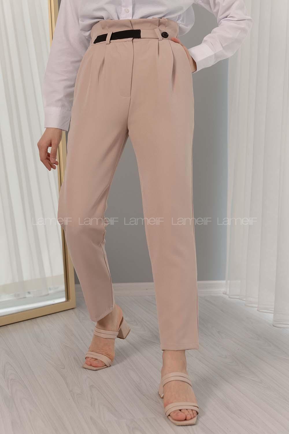 Modalamelif Beli Fırfırlı Lastikli Pantolon Taş