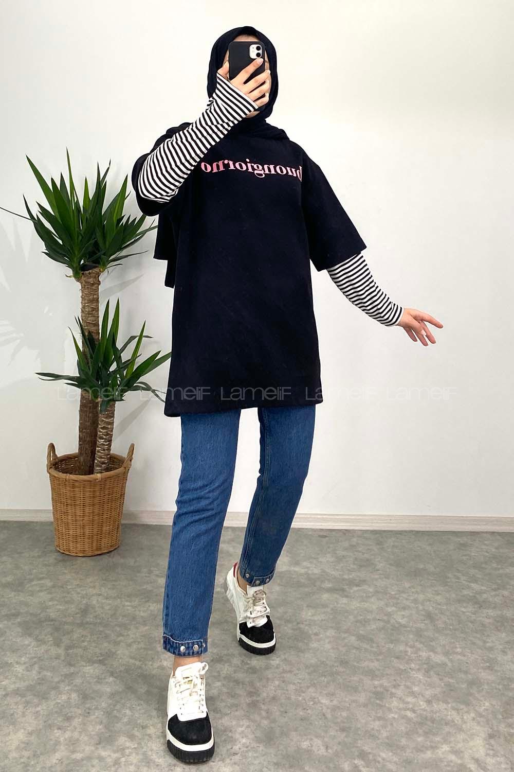 Modalamelif Bisiklet Yaka Yazı Baskılı T-Shirt Siyah-Pembe