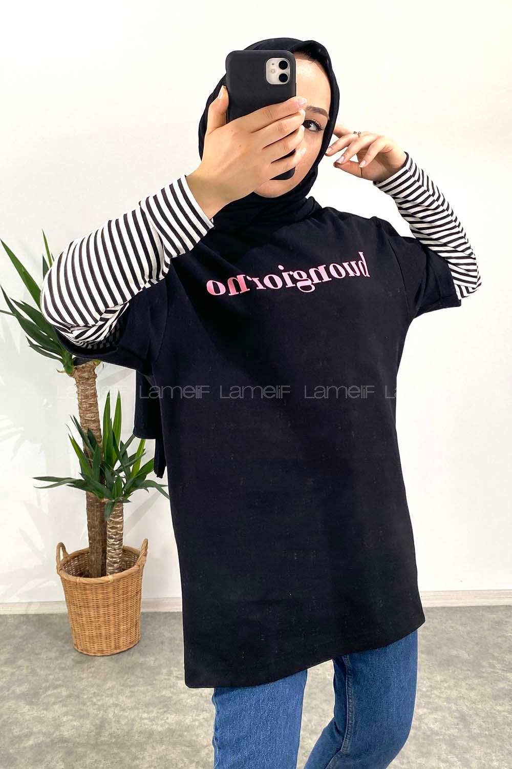 Modalamelif Bisiklet Yaka Yazı Baskılı T-Shirt Siyah-Pembe