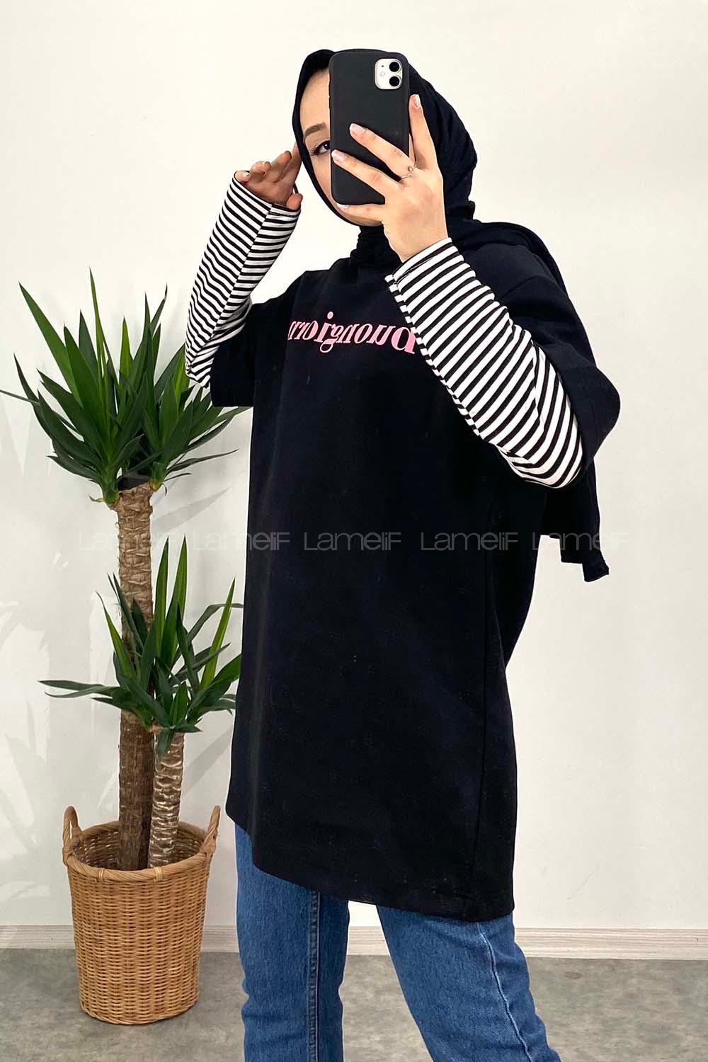 Modalamelif Bisiklet Yaka Yazı Baskılı T-Shirt Siyah-Pembe