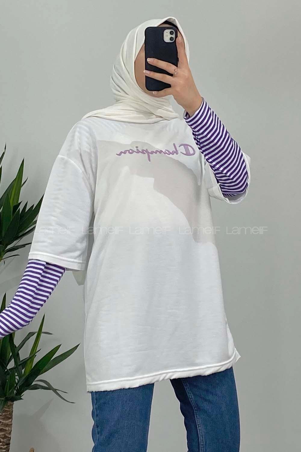 Modalamelif Champion Nakışlı T-Shirt Beyaz