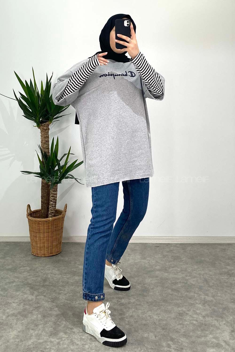 Modalamelif Champion Nakışlı T-Shirt Gri