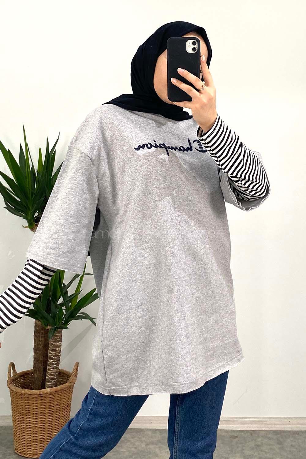 Modalamelif Champion Nakışlı T-Shirt Gri