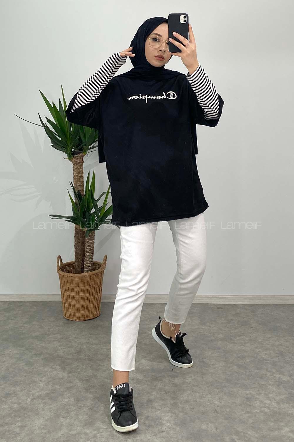 Modalamelif Champion Nakışlı T-Shirt Siyah