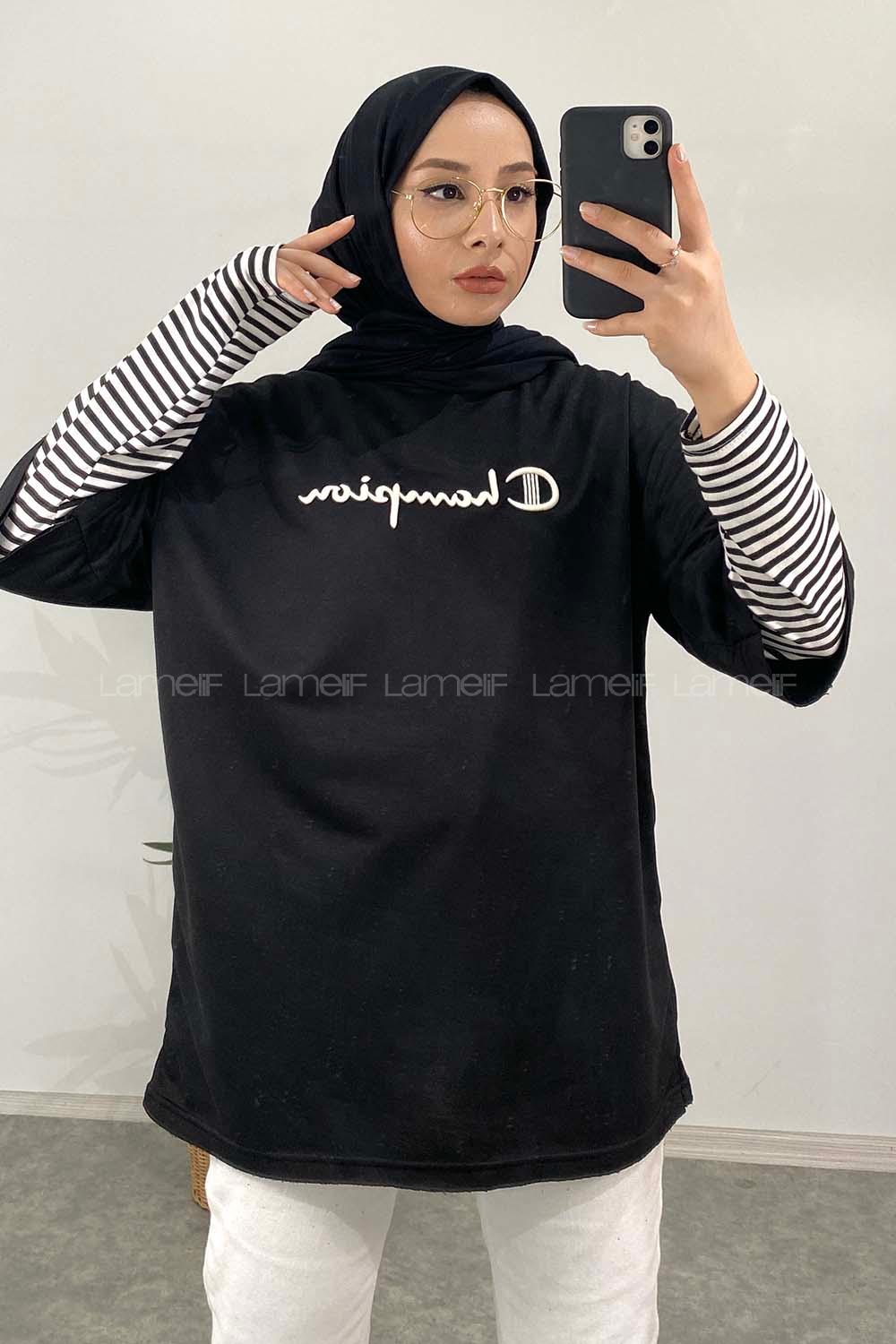 Modalamelif Champion Nakışlı T-Shirt Siyah