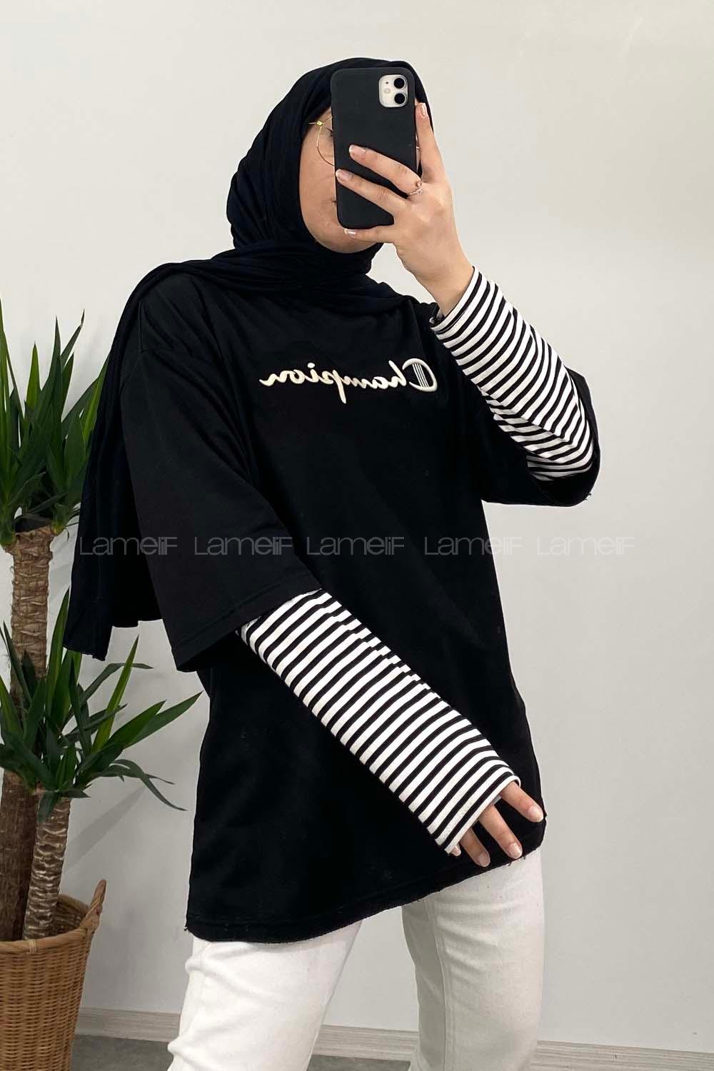 Modalamelif Champion Nakışlı T-Shirt Siyah